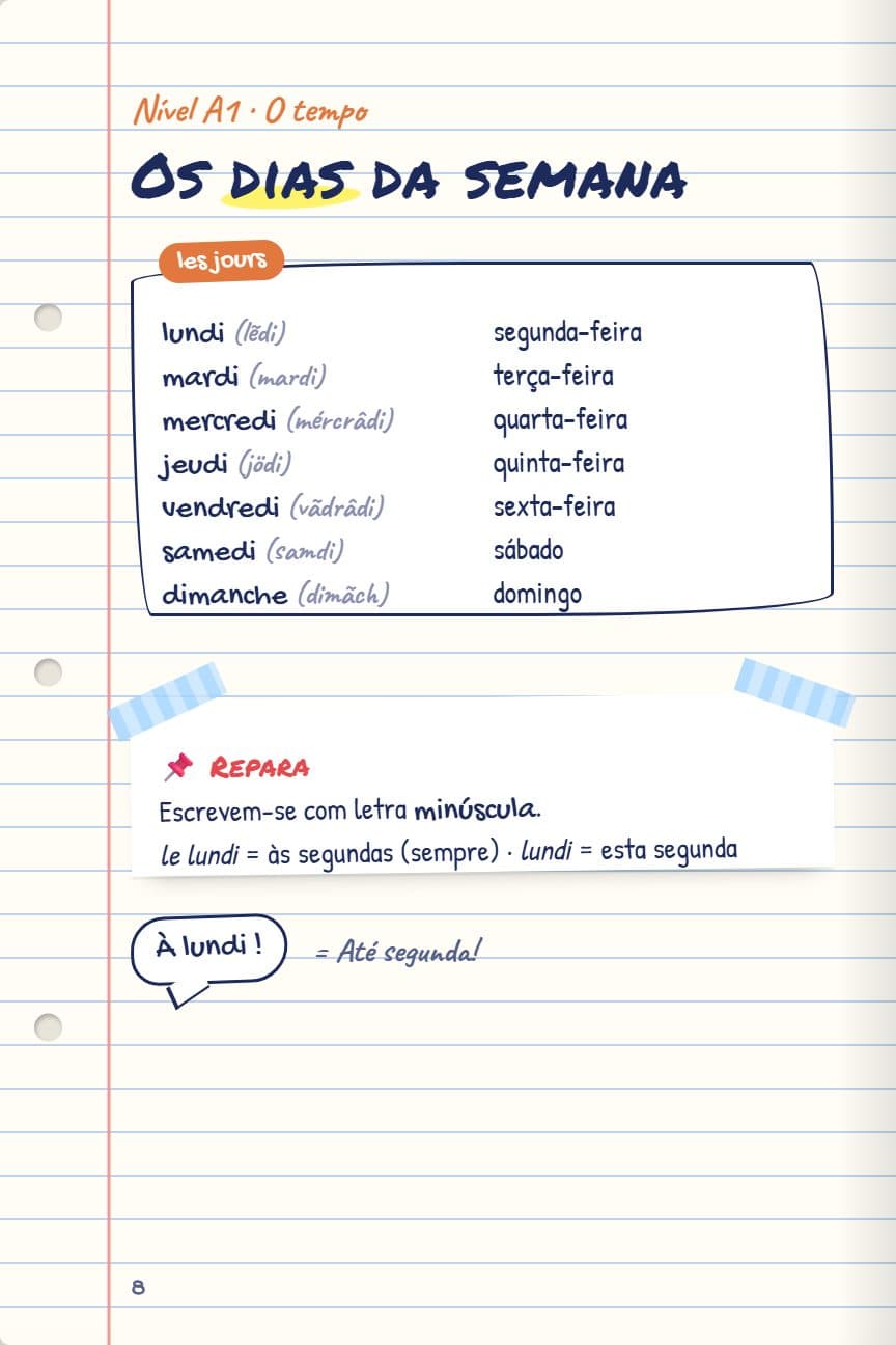 Página do caderno Nível A1: Os dias da semana — com pronúncia e a dica «Repara»