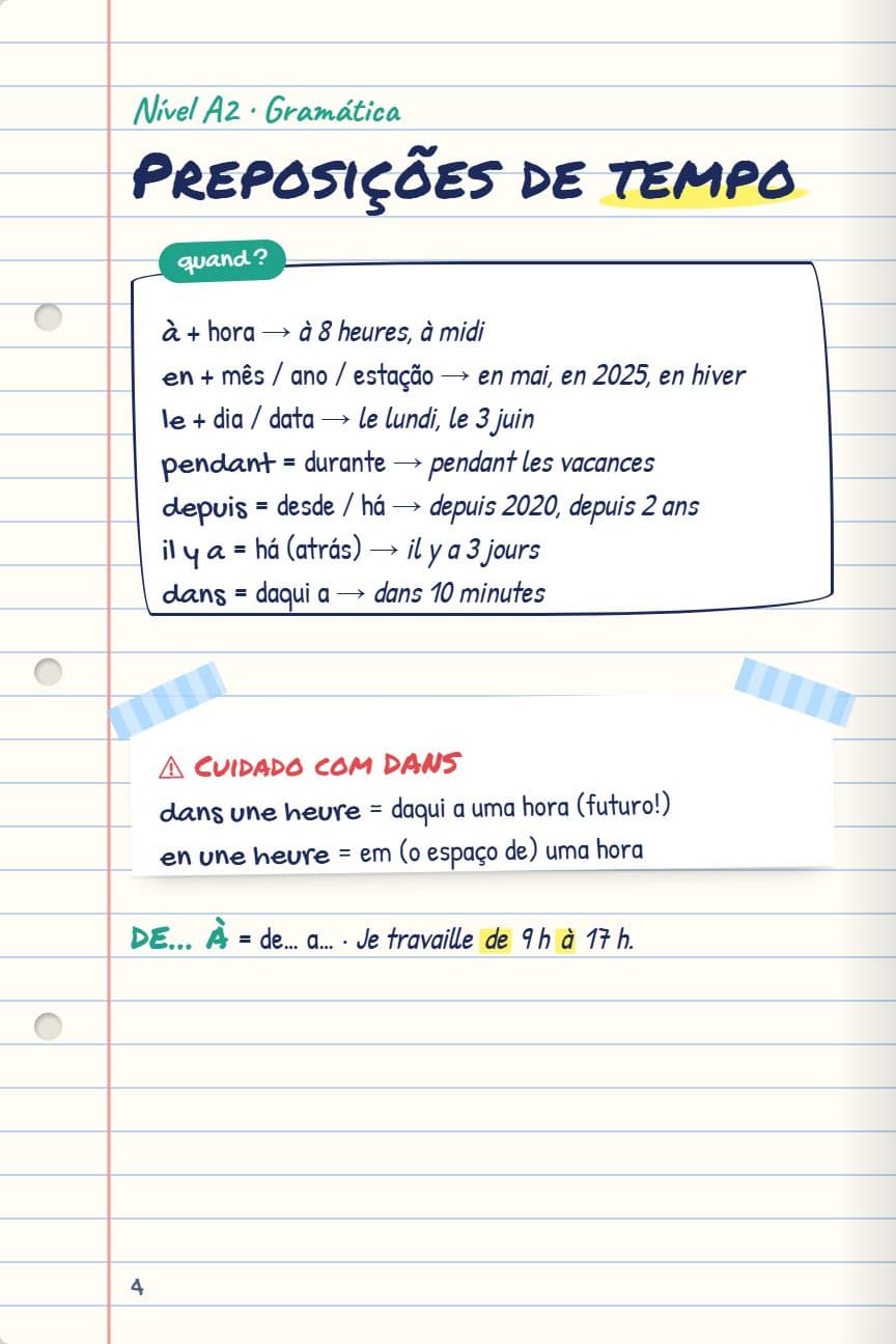 Página do caderno Nível A2: Preposições de tempo — e o «Cuidado com DANS»
